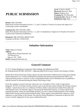 Comment from Manna Jo Greene on the Indian Point Consideration of Approval of Transfer of Control of Licenses and Conforming