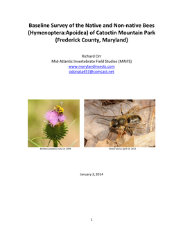 Baseline Survey of the Native and Non-Native Bees (Hymenoptera:Apoidea) of Catoctin Mountain Park (Frederick County, Maryland)