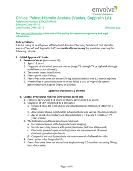 Clinical Policy: Histrelin Acetate (Vantas, Supprelin LA) Reference Number: ERX.SPMN.96 Effective Date: 07/16 Last Review Date: 06/16 Revision Log