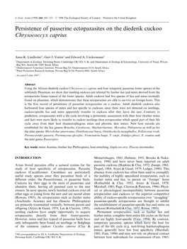 Persistence of Passerine Ectoparasites on the Diederik Cuckoo Chrysococcyx Caprius