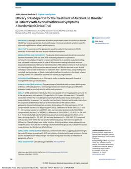 Efficacy of Gabapentin for the Treatment of Alcohol Use Disorder in Patients with Alcohol Withdrawal Symptoms a Randomized Clinical Trial