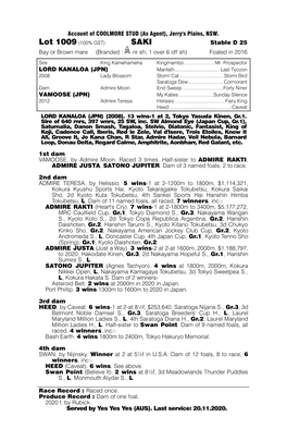 Account of COOLMORE STUD (As Agent), Jerry's Plains, NSW