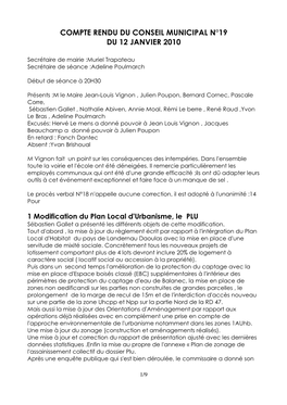 Compte Rendu Du Conseil Municipal N°19 Du 12 Janvier 2010