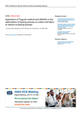 Application of Taguchi Method and ANOVA in the Optimization of Dyeing Process on Cotton Knit Fabric to Reduce Re-Dyeing Process