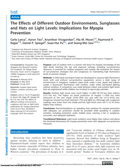 The Effects of Different Outdoor Environments, Sunglasses and Hats on Light Levels: Implications for Myopia Prevention