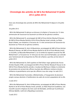 Chronologie Des Activités De SM Le Roi Mohammed VI (Juillet 2012-Juillet 2013)