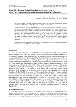 Diptera: Tabanidae) of the North-Eastern Parts of the Hercynian Mountains and Adjacent Localities (Czech Republic)