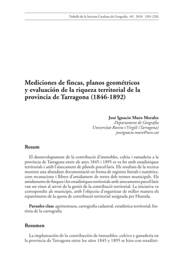 Mediciones De Fincas, Planos Geométricos Y Evaluación De La Riqueza Territorial De La Provincia De Tarragona (1846-1892)