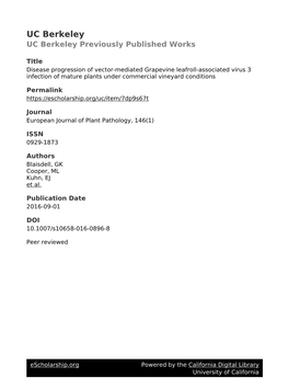 Disease Progression of Vector-Mediated Grapevine Leafroll-Associated Virus 3 Infection of Mature Plants Under Commercial Vineyard Conditions