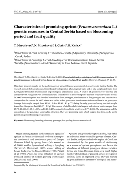 Characteristics of Promising Apricot (Prunus Armeniaca L.) Genetic Resources in Central Serbia Based on Blossoming Period and Fruit Quality