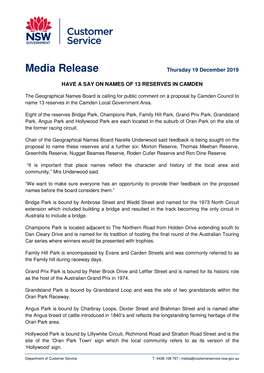 191219 MEDIA RELEASE GNB CAMDEN RESERVES.Pdf