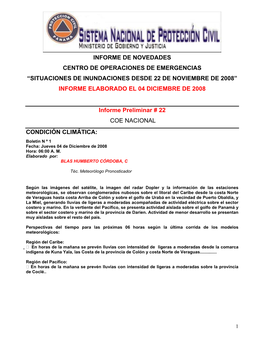 Informe De Novedades Centro De Operaciones De Emergencias “Situaciones De Inundaciones Desde 22 De Noviembre De 2008” Informe Elaborado El 04 Diciembre De 2008