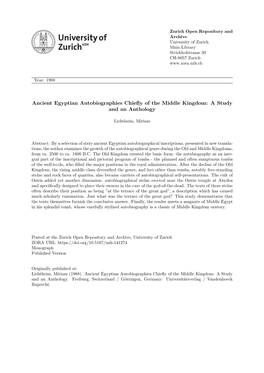 'Ancient Egyptian Autobiographies Chiefly of the Middle Kingdom: a Study and an Anthology'