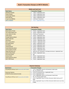 Bank's Transaction Charges on IRCTC Website