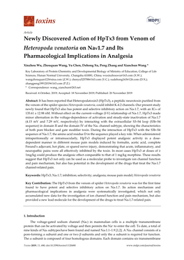 Newly Discovered Action of Hptx3 from Venom of Heteropoda Venatoria on Nav1.7 and Its Pharmacological Implications in Analgesia