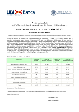 Avviso Sui Risultati Dell'offerta Mediobanca