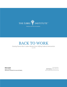 WORK Freeing Puerto Rico’S Labor Market from Stifling Federal Intervention July 2016