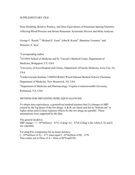 SUPPLEMENTARY FILE Dose Doubling, Relative Potency, and Dose Equivalence of Potassium Sparing Diuretics Affecting Blood Pressure