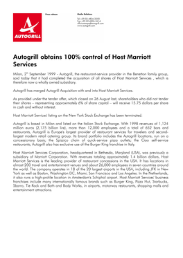 Autogrill Obtains 100% Control of Host Marriott Services