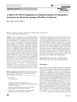 A Short LSU Rrna Fragment As a Standard Marker for Integrative Taxonomy in Calcareous Sponges (Porifera: Calcarea)