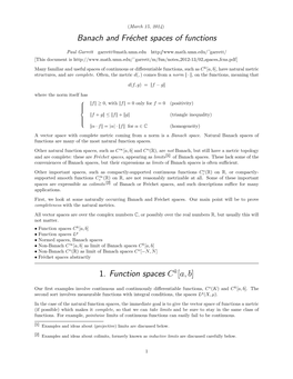 Banach and Fréchet Spaces of Functions 1. Function Spaces C K[A, B]