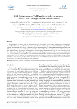 GGE Biplot Analysis of Yield Stability in Multi-Environment Trials of Lentil Genotypes Under Rainfed Condition