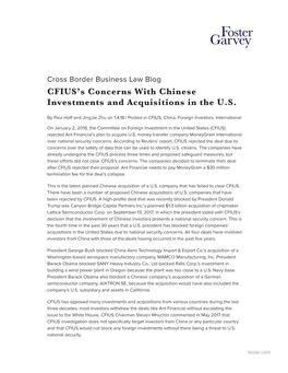 CFIUS's Concerns with Chinese Investments and Acquisitions in the U.S