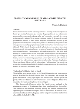 Geopolitical Dimension of Nepaland Its Impact in South Asia