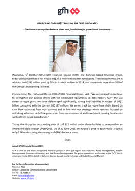 [Manama, 5Th October 2015]: GFH Financial Group (GFH), the Bahrain Based Financial Group, Today Announced That It Has Repaid US$37.5 Million to Its Debt Syndicates