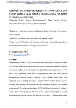 Common Low Complexity Regions for SARS-Cov-2 and Human