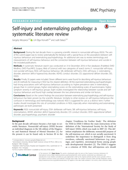 Self-Injury and Externalizing Pathology: a Systematic Literature Review Gergely Meszaros1,2* , Lili Olga Horvath3,4 and Judit Balazs2,4