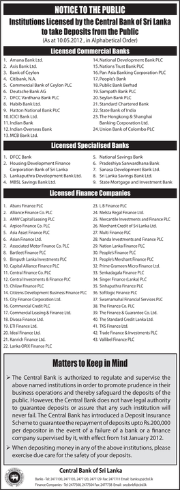 Institutions Licensed by the Central Bank of Sri Lanka to Take Deposits from the Public (As at 10.05.2012 , in Alphabetical Order) Licensed Commercial Banks 1