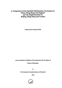 A Comparison of the Intended Mathematics Curriculum in China, Hong Kong and England and the Implementation in Beijing, Hong Kong and London