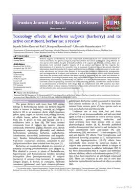 Toxicology Effects of Berberis Vulgaris (Barberry) and Its Active Constituent, Berberine: a Review