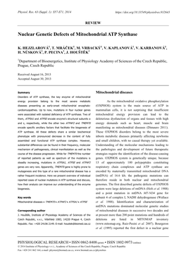 Nuclear Genetic Defects of Mitochondrial ATP Synthase