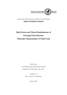 Risk Factors and Clinical Manifestations of Prolonged Grief Disorder: Particular Characteristics of Violent Loss