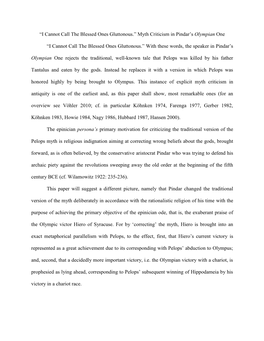 “I Cannot Call the Blessed Ones Gluttonous.” Myth Criticism in Pindar’S Olympian One