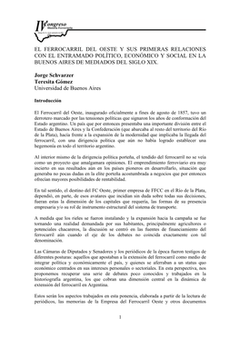 El Ferrocarril Del Oeste Y Sus Primeras Relaciones Con El Entramado Político, Económico Y Social En La Buenos Aires De Mediados Del Siglo Xix