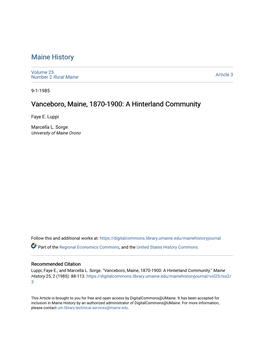 Vanceboro, Maine, 1870-1900: a Hinterland Community