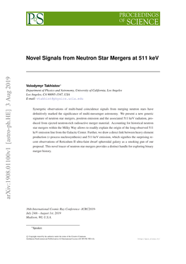 Novel Signals from Neutron Star Mergers at 511 Kev
