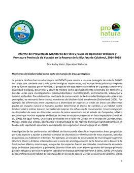 Informe Del Proyecto De Monitoreo De Flora Y Fauna De Operation Wallacea Y Pronatura Península De Yucatán En La Reserva De La Biosfera De Calakmul, 2014-2018