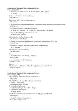 Proceedings of the Cambridge Antiquarian Society Volume LXX, 1980 a Handlist of the Publications of W