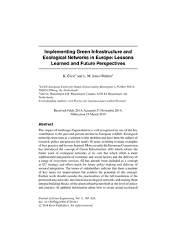 Implementing Green Infrastructure and Ecological Networks in Europe: Lessons Learned and Future Perspectives