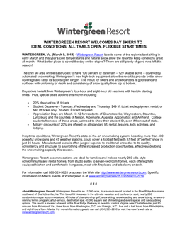 Wintergreeen Resort Welcomes Day Skiers to Ideal Conditions, All Trails Open, Flexible Start Times