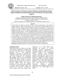 The Prevalence of Trichuris Trichiura Infection Among Primary School Pupils in Dantube, Dawakin-Kudu Local Government Area, Kano State, Nigeria