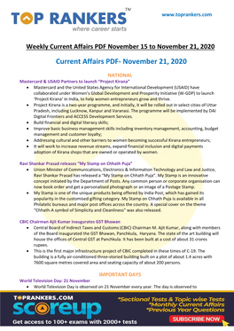 Current Affairs PDF November 15 to November 21, 2020