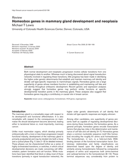 Homeobox Genes in Mammary Gland Development and Neoplasia Michael T Lewis University of Colorado Health Sciences Center, Denver, Colorado, USA