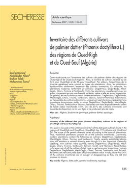 Inventaire Des Différents Cultivars De Palmier Dattier (Phoenix Dactylifera L.) Des Régions De Oued-Righ Et De Oued-Souf (Algérie)