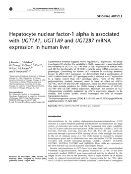 Hepatocyte Nuclear Factor-1 Alpha Is Associated with UGT1A1, UGT1A9 and UGT2B7 Mrna Expression in Human Liver