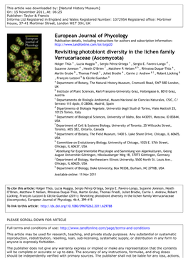Revisiting Photobiont Diversity in the Lichen Family Verrucariaceae (Ascomycota) Holger Thüs a , Lucia Muggia B , Sergio Pérez-Ortega C , Sergio E